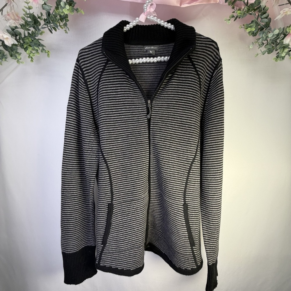 Eddie Bauer Womens Striped Full Zip Mock Neck Sweater Jacket Charcoal White L - Picture 1 of 4